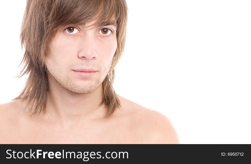 Topless man portrait over white