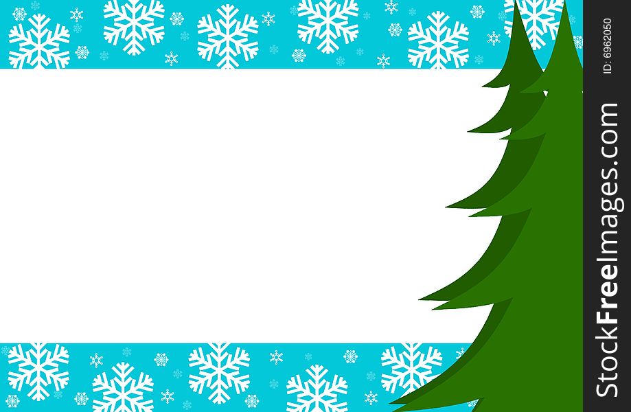 Christmas border with trees and snowflakes. Blue, green.
