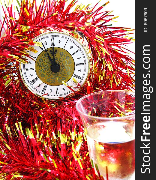 Clock with red and gold christmas decorations. Clock with red and gold christmas decorations