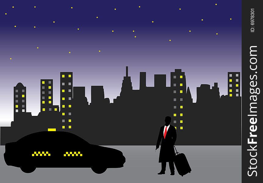Businessman in a night city expects a taxi. Businessman in a night city expects a taxi