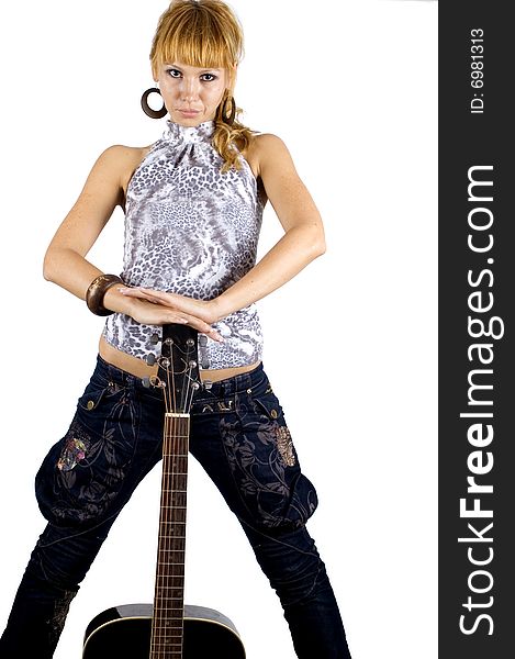 Pretty, blonde girl holding guitar, happy musician standing with her instrument. Pretty, blonde girl holding guitar, happy musician standing with her instrument.