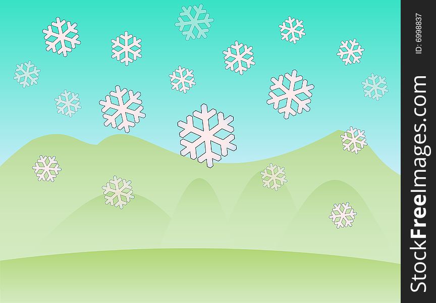 Drawn landscape with snowflakes; The first snow;. Drawn landscape with snowflakes; The first snow;