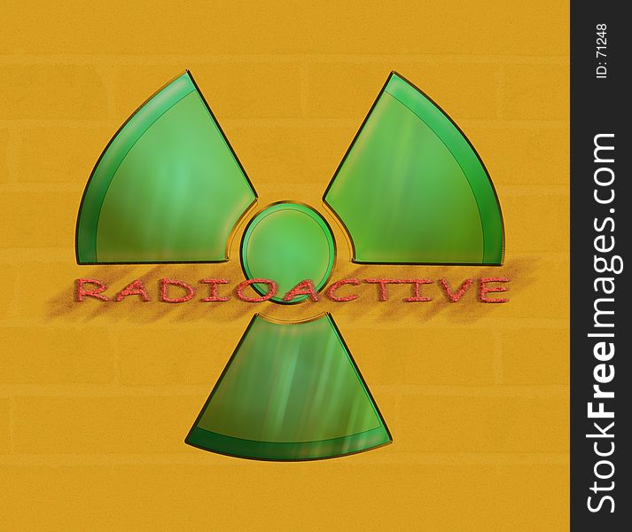 Green radiation warning symbol. Yellow background with a sublte hint of a brick background. Word Radioactive across image.
