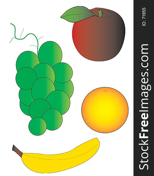 Illustrations of fruit. Apple, orange,banana, and green grapes. Illustrations of fruit. Apple, orange,banana, and green grapes.