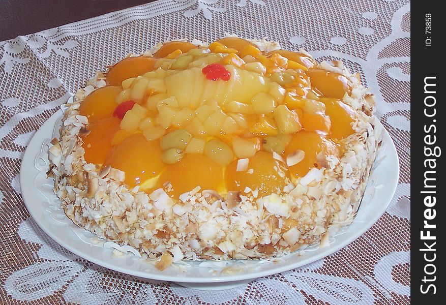 Flan Cake on lace table cloth