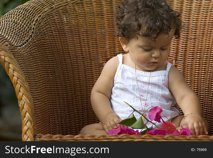 Infant sitting on a big wicker chair playing with an orchid. Infant sitting on a big wicker chair playing with an orchid