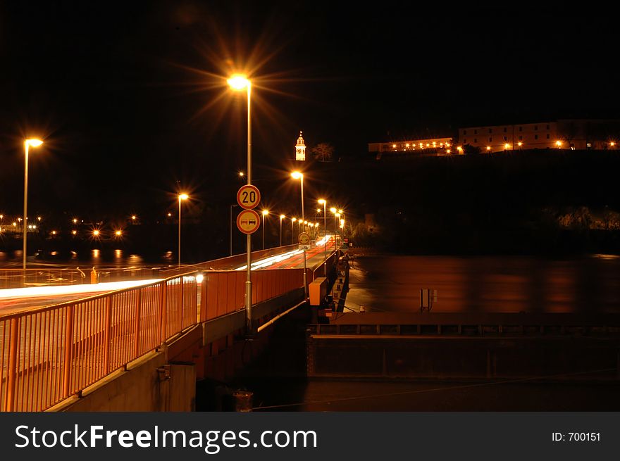 A view of a pontoon bridge and Petrovaradin Fortress. A view of a pontoon bridge and Petrovaradin Fortress