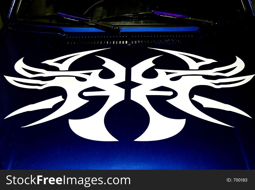 A tribal graphic on a car hood. A tribal graphic on a car hood