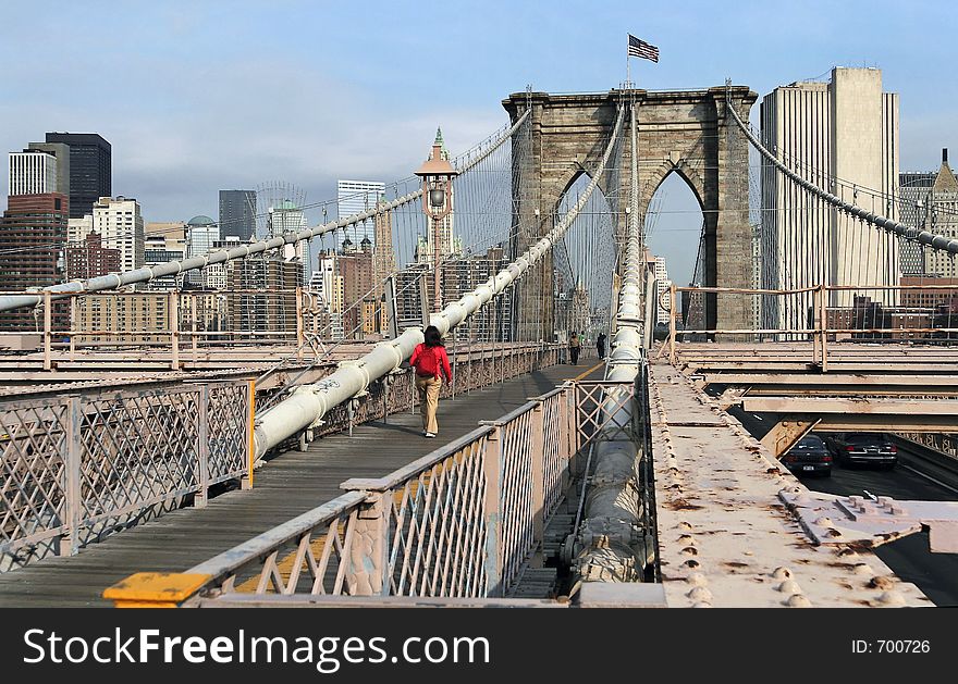 View along the Brooklyn Bridge towards Manhattan.