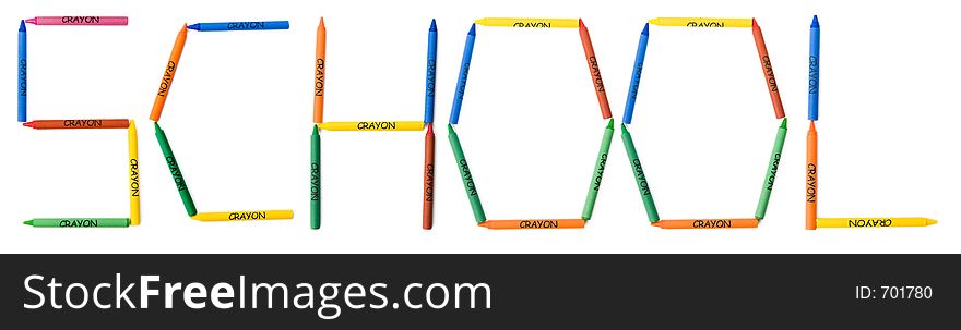 Colored crayons arranged into letters spelling SCHOOL. The letters are isolated against a white background. Colored crayons arranged into letters spelling SCHOOL. The letters are isolated against a white background.