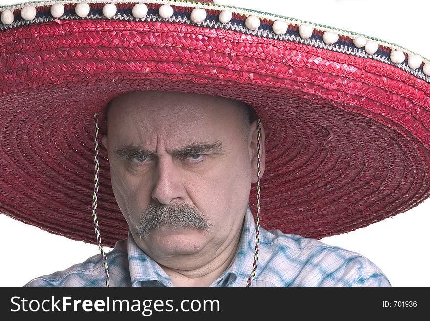 Grim man with moustache and red sombrero hat