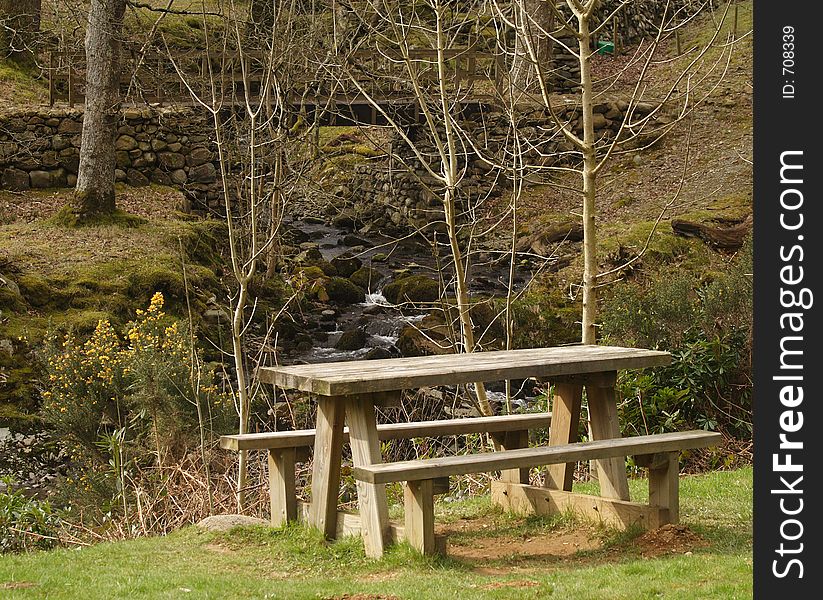 Picnic Bench in the countryside, beside a stream