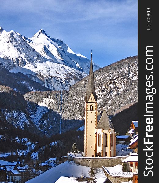 Beautiful soaring church in picturesque mountain scenery. Beautiful soaring church in picturesque mountain scenery.
