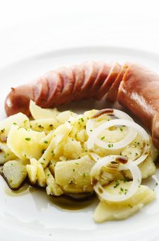 Kransky Sausage With Boiled Potato, Onion And Pump Royalty Free Stock Photo Kransky Sausage With Boiled Potato, Onion And Pump Royalty Free Stock Photo