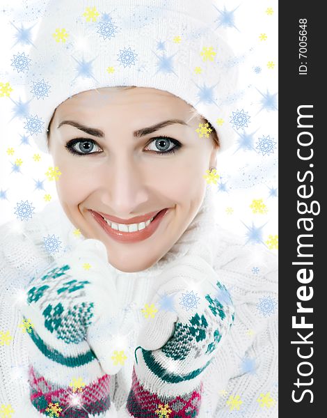 Beautiful woman in white sweater on insulated background