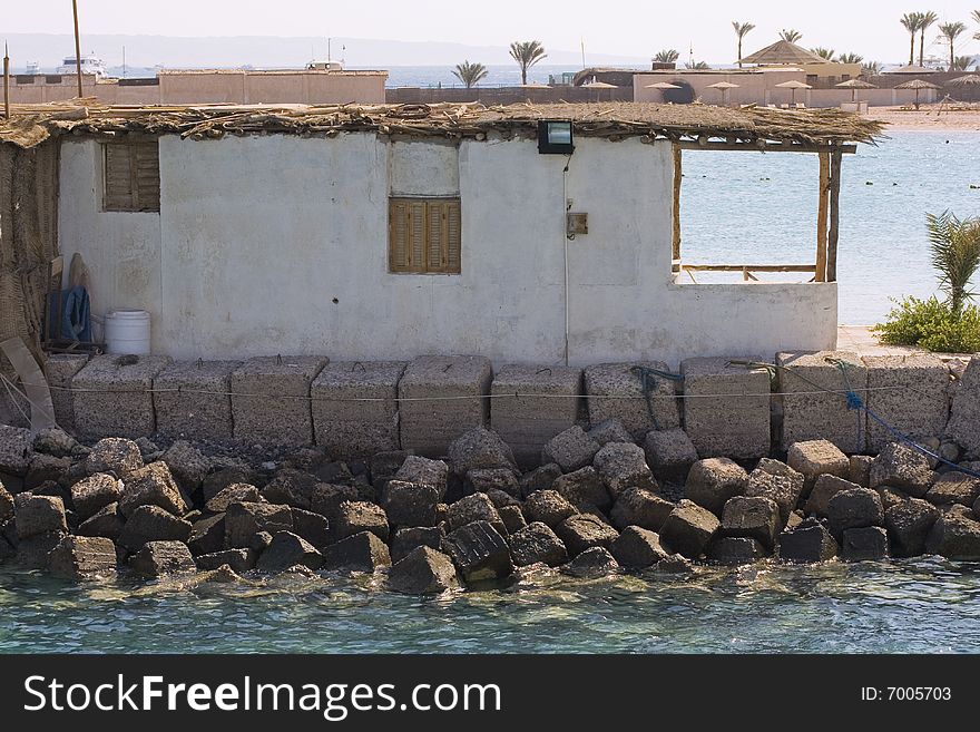 Boat hut with anchor ropes on the Red Sea coast