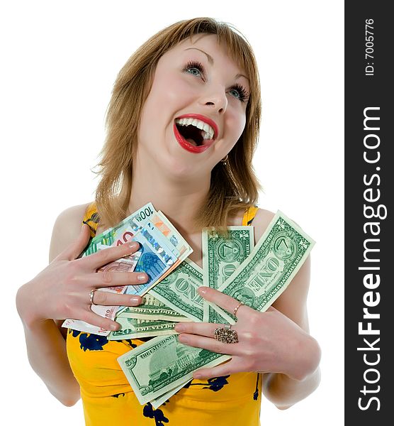 Expressive woman and moneyn white background