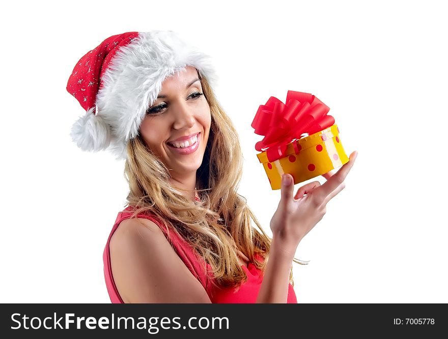 Santa girl hold bestowal,isolated on white