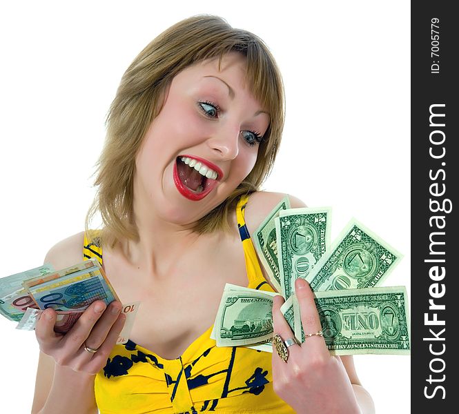 Expressive woman and moneyn white background