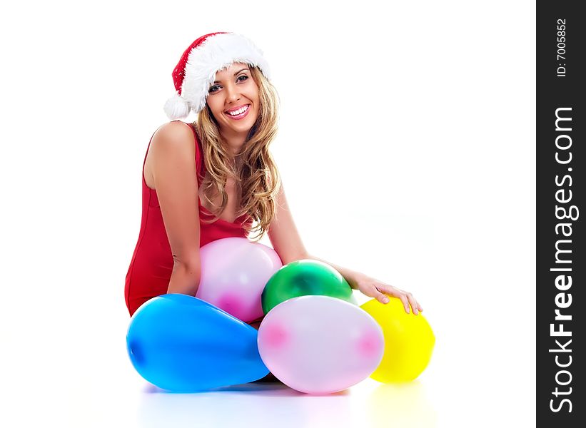 Santa girl hold diverse balloons,isolated on white