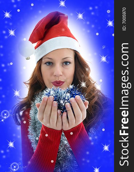 Beautiful woman with gift on background