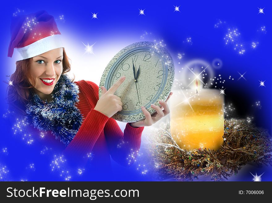 Beautiful woman with clock on background