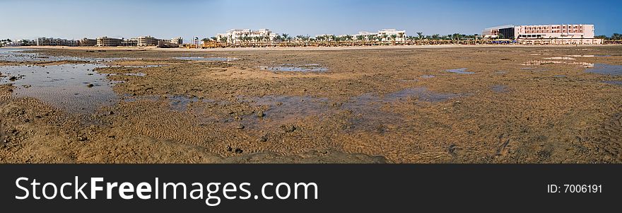 The tide is out at the beach in Hurghada, Egypt