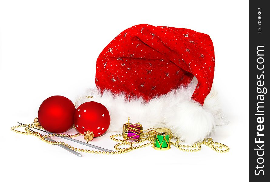 Close up of a Santa Claus hat and two spheres