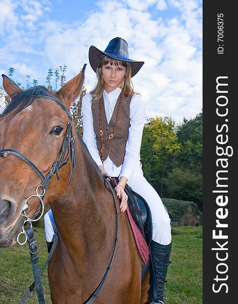 Pretty Young Woman And Horse.