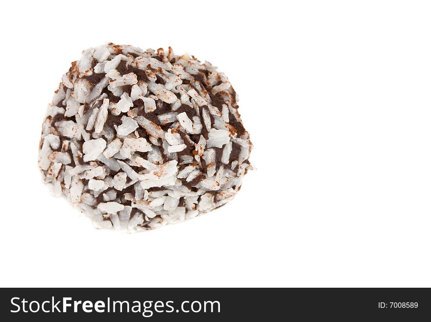 Closeup of a home made chocolate praline isolated on white background