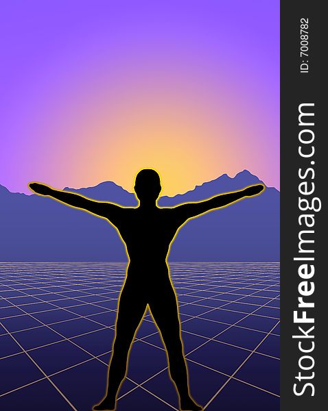 Young gymnast outlined by sunrise is spreading arms and legs on an infinite blue background. Young gymnast outlined by sunrise is spreading arms and legs on an infinite blue background.