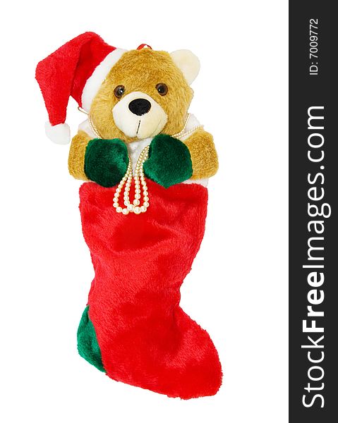 Christmas stocking Teddy bear wearing pearls isolated on white with clipping path included for easy removal. Christmas stocking Teddy bear wearing pearls isolated on white with clipping path included for easy removal