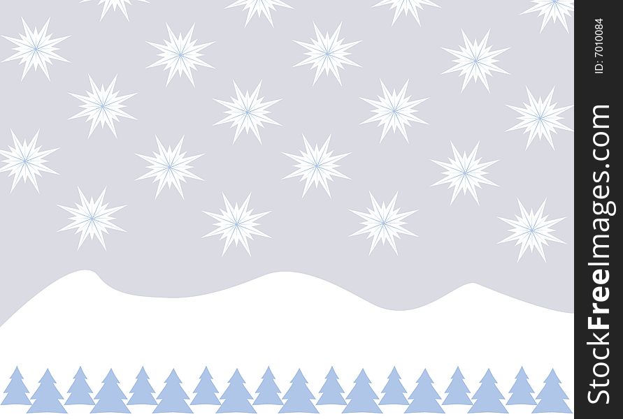 Merry Christmas illustration with hills full of snow, Christmas trees and snow flakes