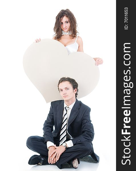 Cute couple with heart shaped copy-space, isolated on white background