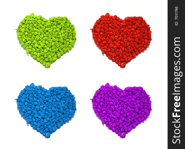 Red, green, blue and violet paper heart isolated on white background. Red, green, blue and violet paper heart isolated on white background