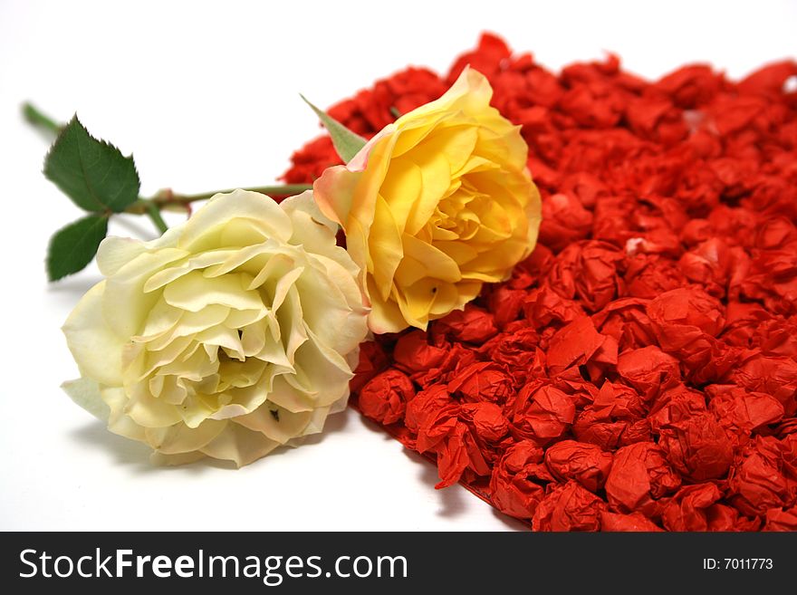 Two yellow roses on a white stage against a red paper heart on background. Two yellow roses on a white stage against a red paper heart on background