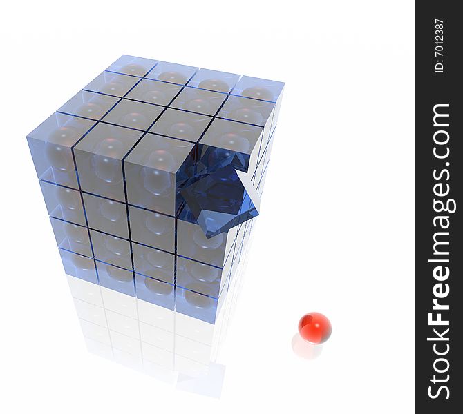 Cube from transparent cubes with an independent red sphere. Cube from transparent cubes with an independent red sphere