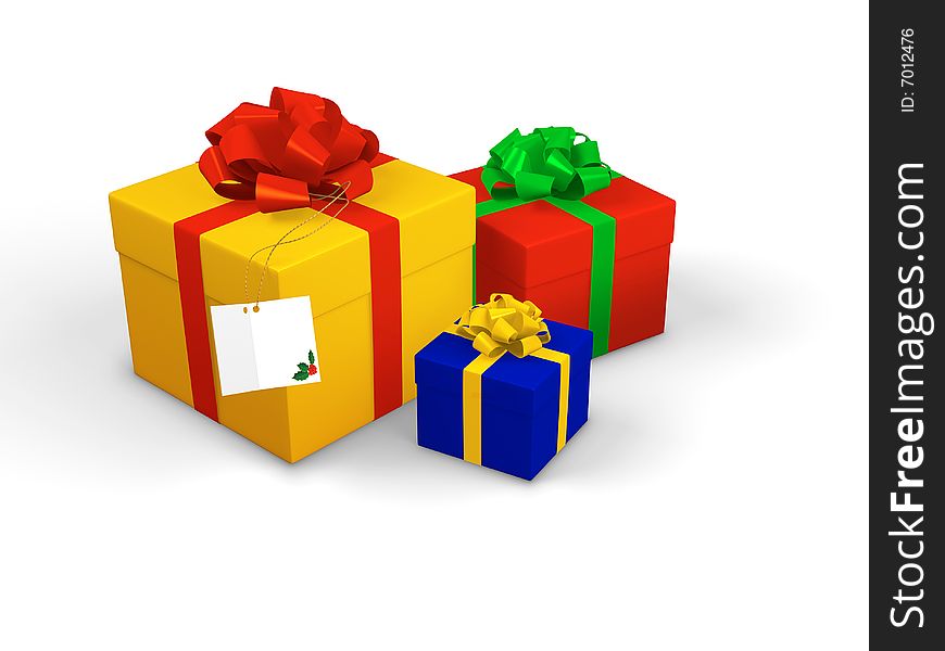 Colorful gift boxes wrapped with ribbons; one of them has card attached with common holly twig on it. Colorful gift boxes wrapped with ribbons; one of them has card attached with common holly twig on it