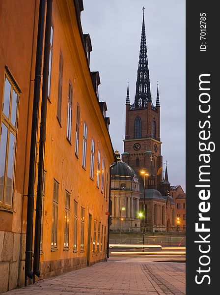 Riddarholmskyrkan as seen from Gamla Stan (the old town) in Stockholm.