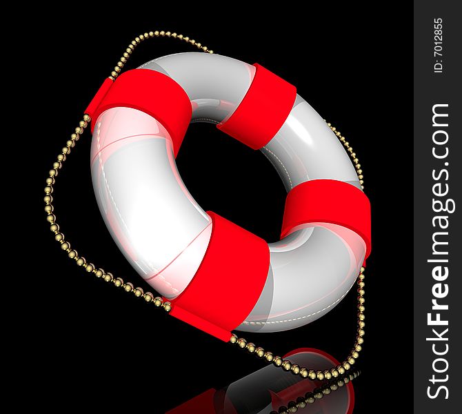 White lifebuoy ring with red strips, with a gold cord