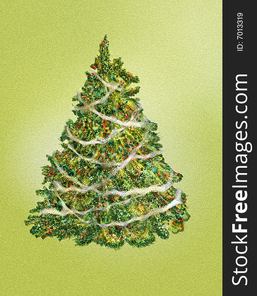 Fir-tree on a green background, brightly and festively! Picture, computer graphics.