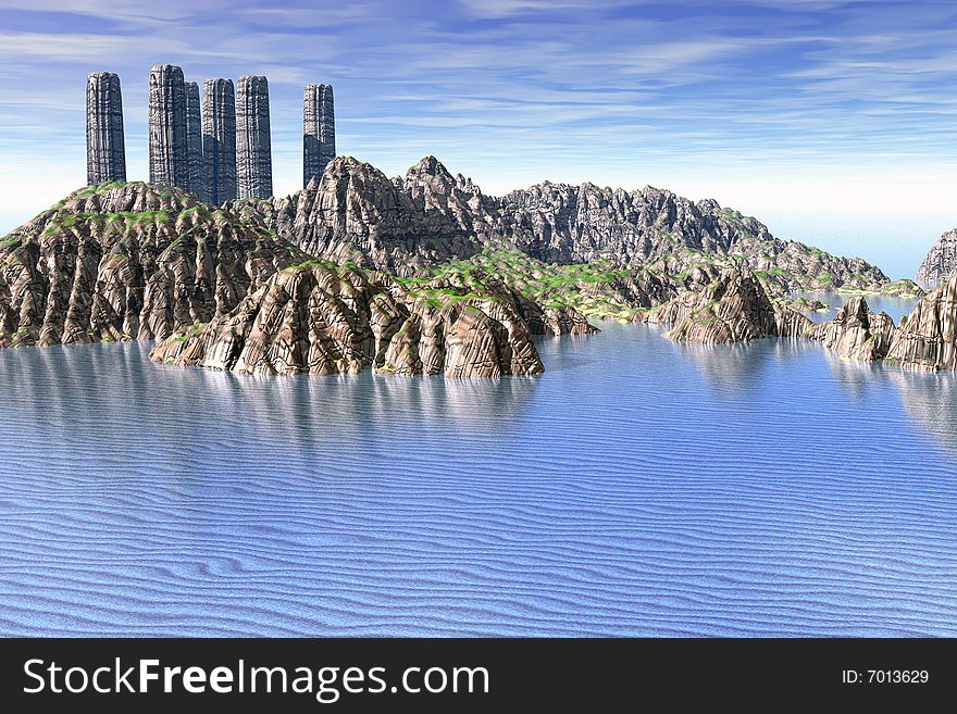 Island with ancient columns surrounded of crystalline waters