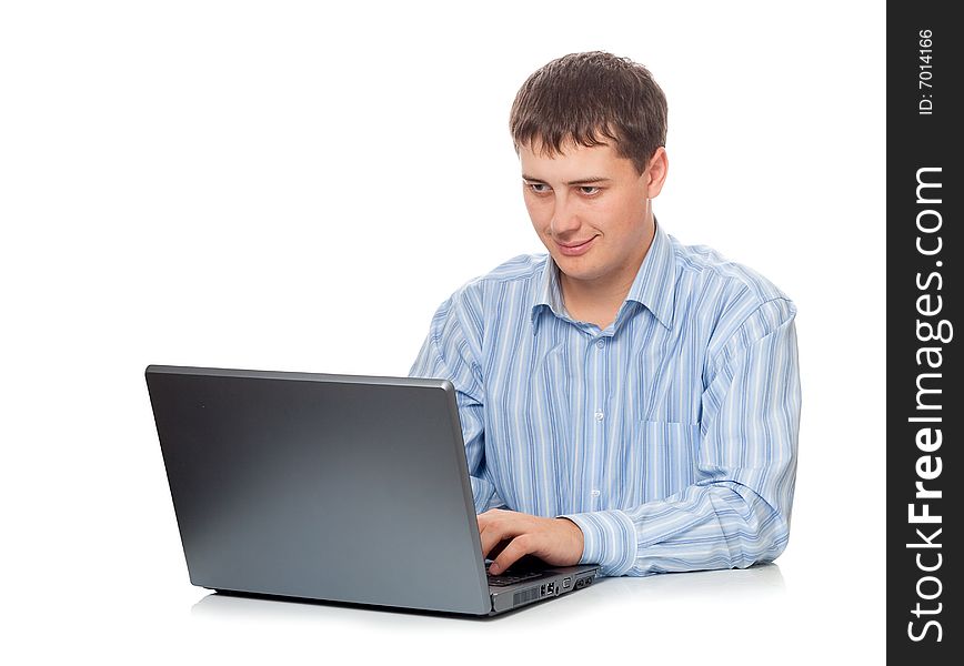 Young adult businessman working with laptop, half-length isolated on white