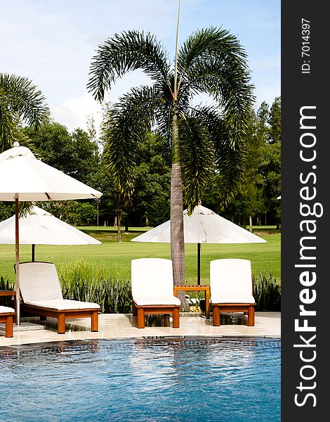 Deck chairs and umbrellas next to a swimming pool. Deck chairs and umbrellas next to a swimming pool.