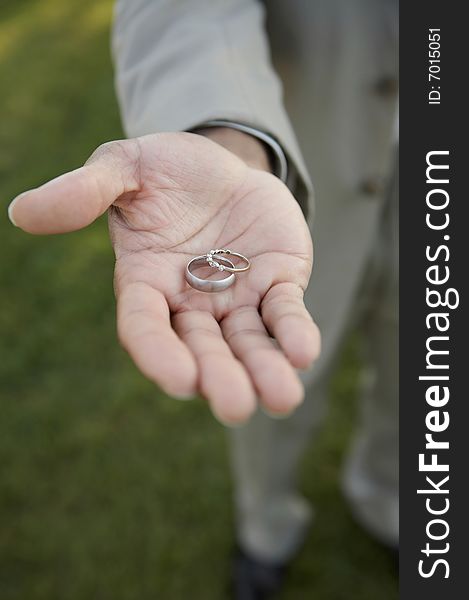 Hands holding wedding bands,  shallow DOF focus on rings. Hands holding wedding bands,  shallow DOF focus on rings