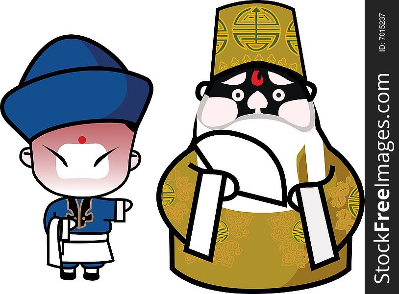 Boss and waiter in Chinese opera characters. Boss and waiter in Chinese opera characters
