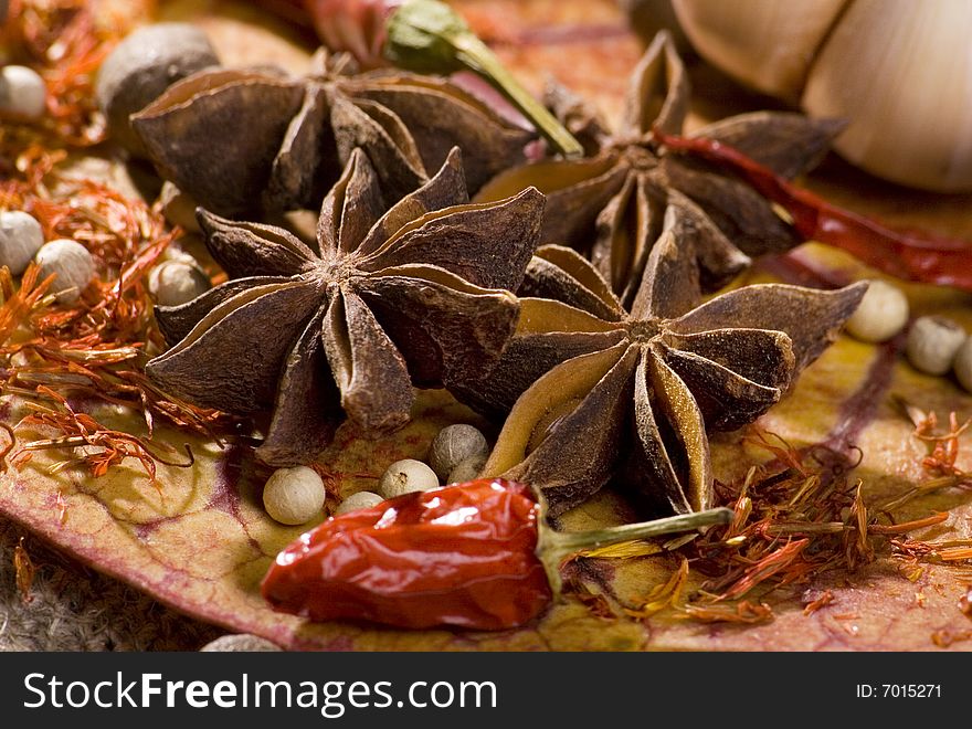 Close-ups of star anice and other spices