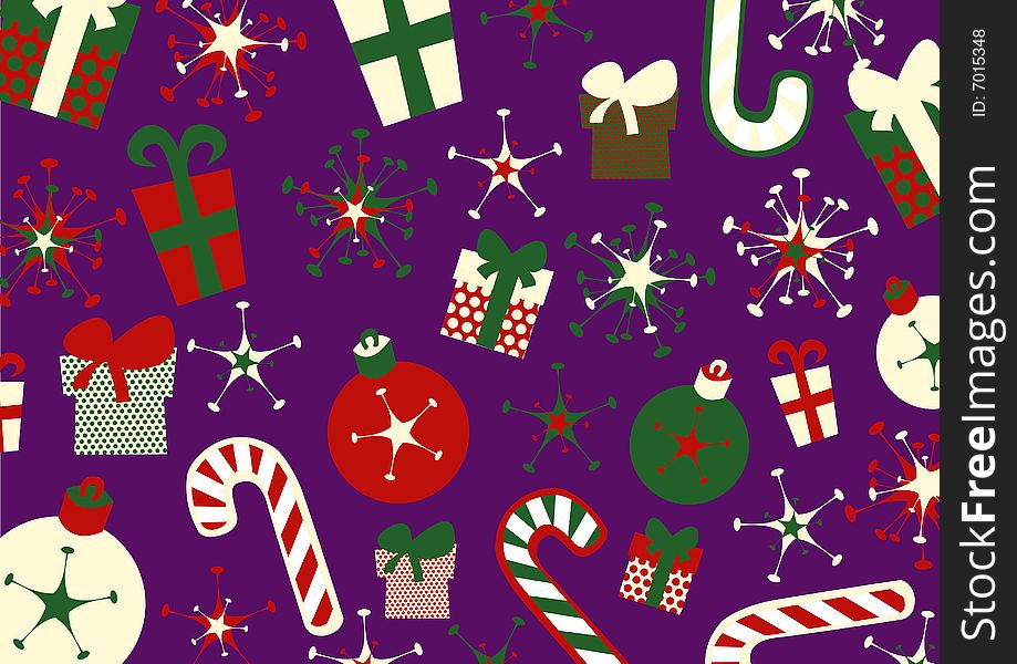 Vector illustration of christmas background. Includes present boxes, candies, flakes and christmas balls.