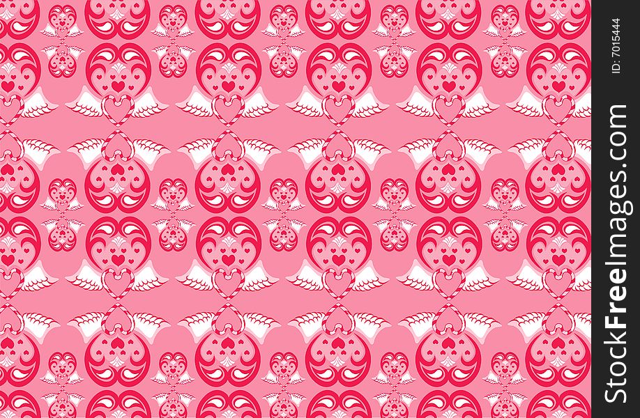 Vector illustration of retro abstract heart pattern on the pink background.