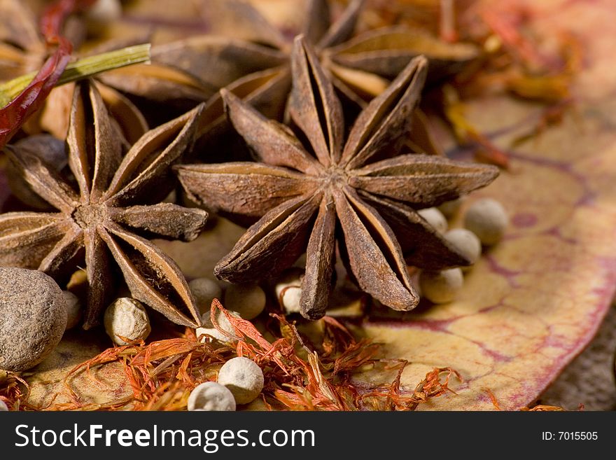 Close-ups of star anice and other spices